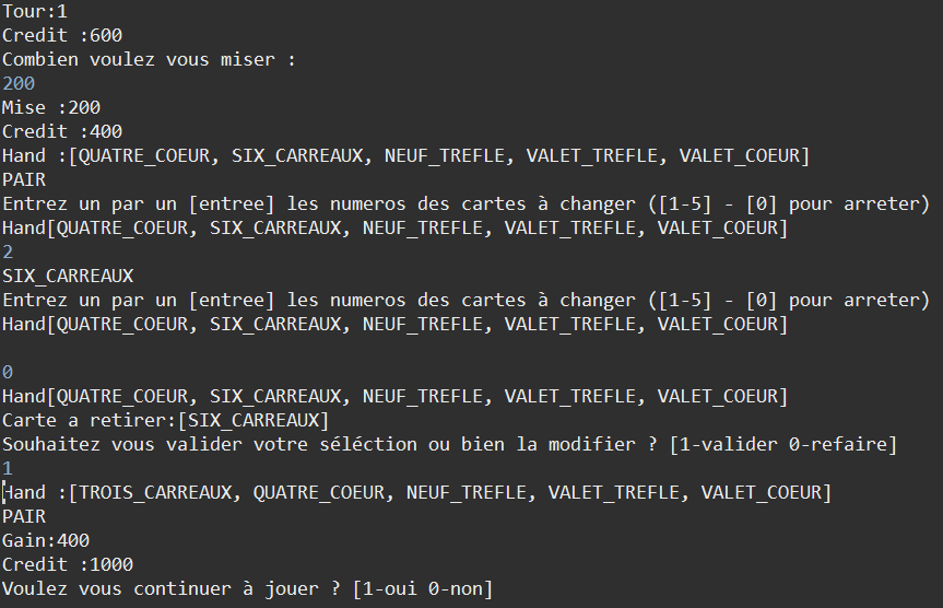 Interface console du moteur de jeu Java Draw Poker
